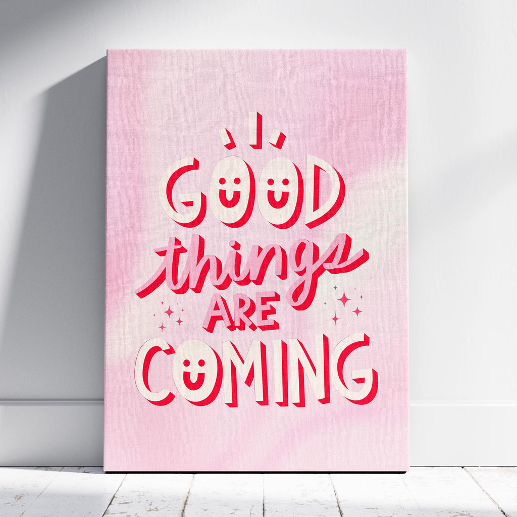 Good Things Art Coming Positive Pink Motivation - Framed Canvas Wall Art Print