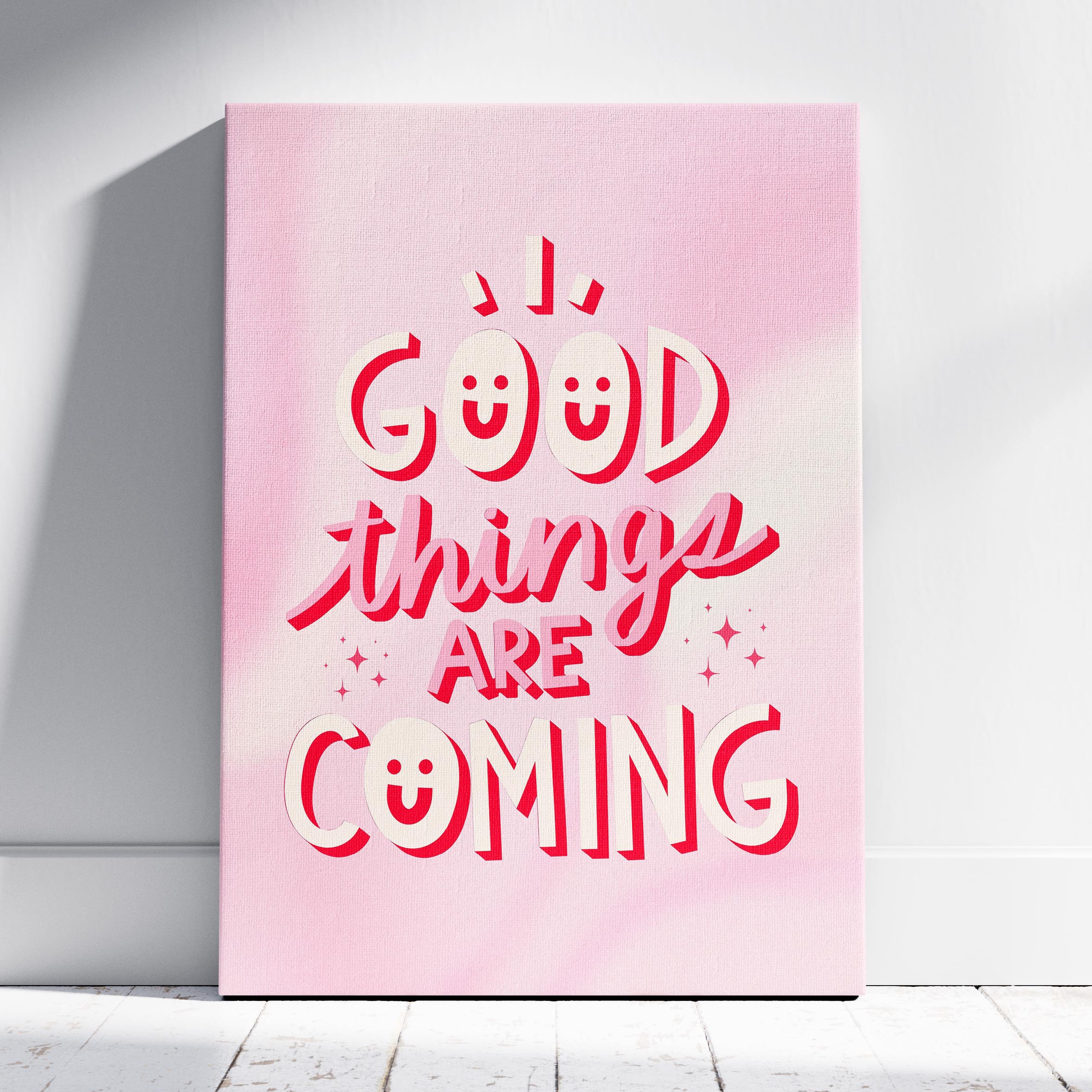 Good Things Art Coming Positive Pink Motivation - Framed Canvas Wall Art Print