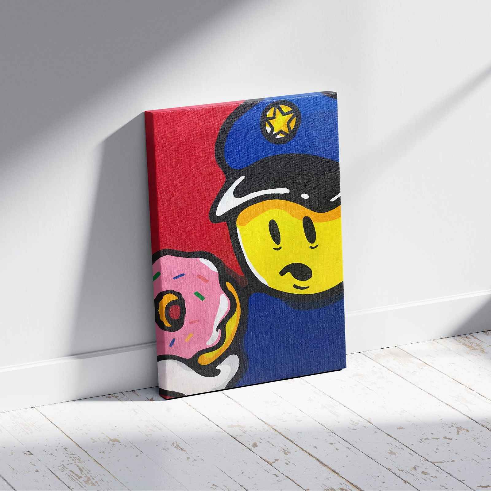 Graffiti Policeman with Doughnut - Framed Canvas Wall Art Print - House Prints