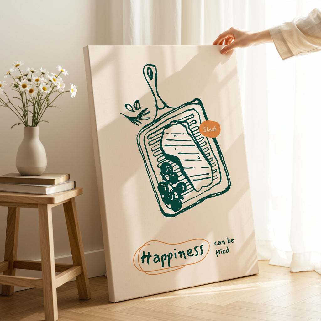 Happiness Can Be Fried Kitchen Cooking - Framed Canvas Wall Art Print | House Prints