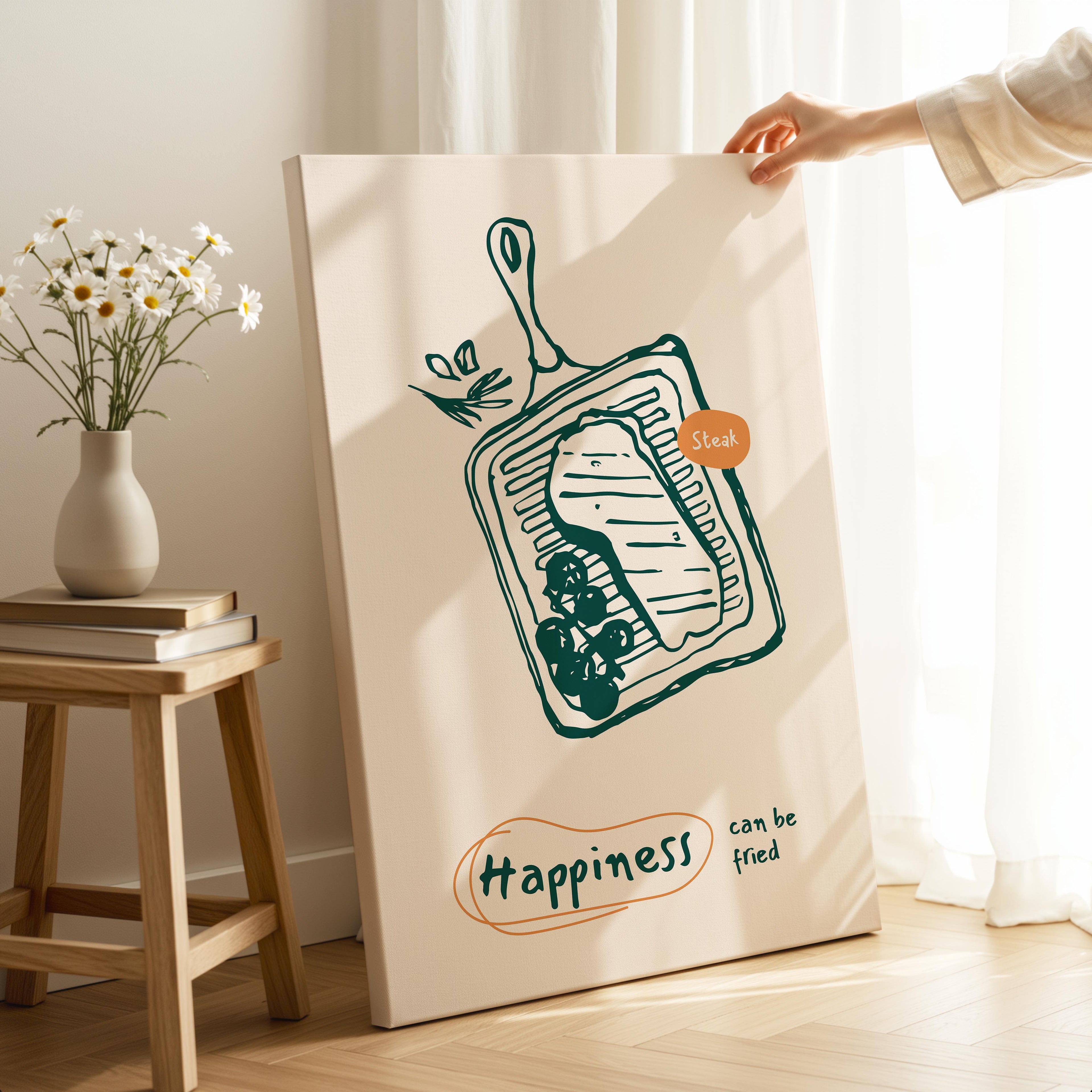 Happiness Can Be Fried Kitchen Cooking - Framed Canvas Wall Art Print | House Prints