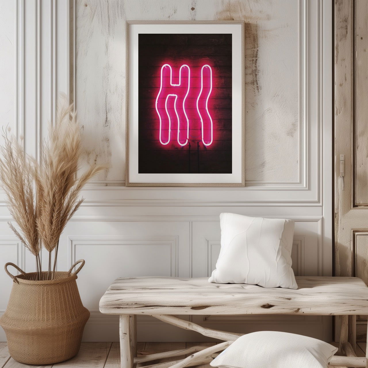 Hi Modern Neon Glow Sign Text - Rolled Poster Wall Art Print - House Prints