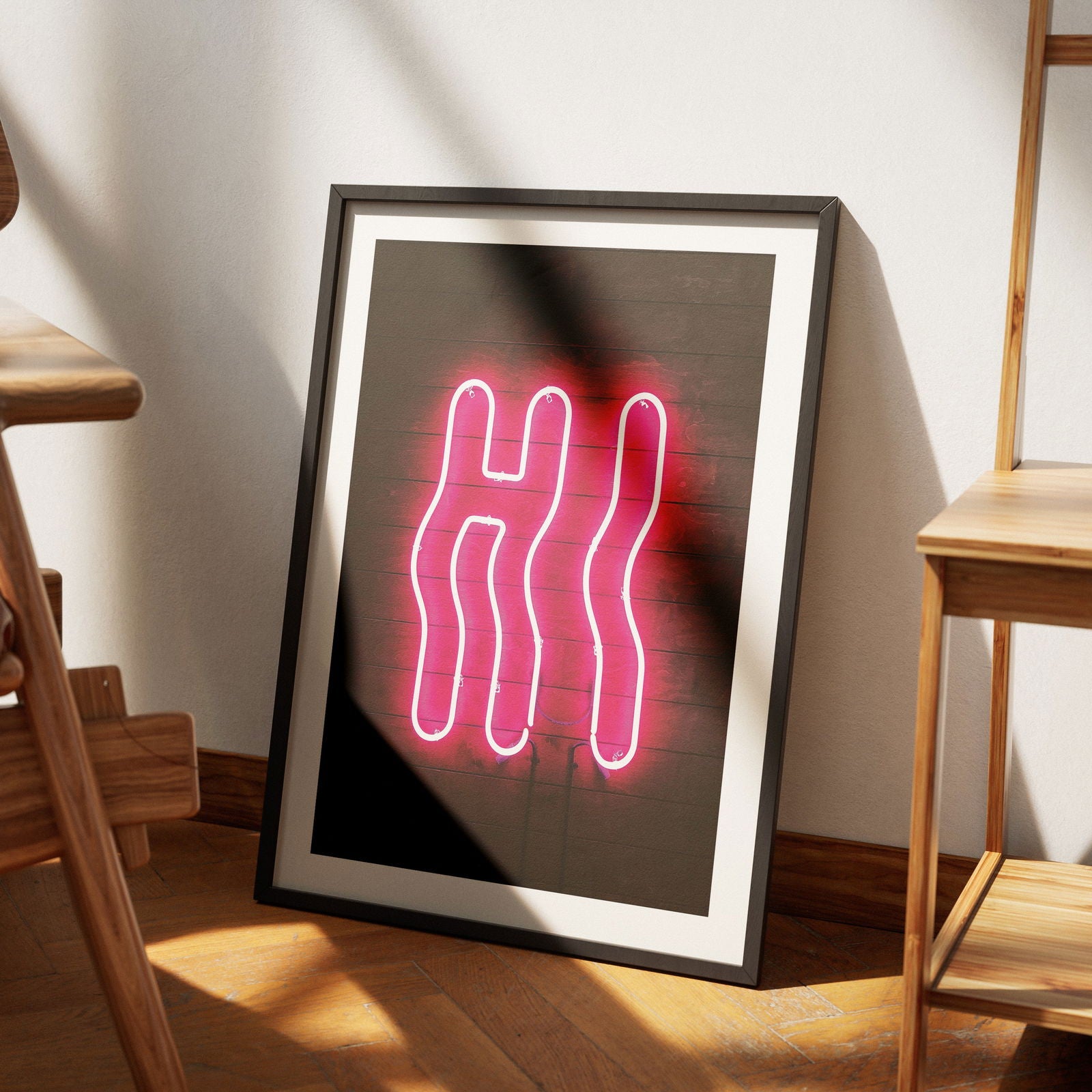 Hi Modern Neon Glow Sign Text - Rolled Poster Wall Art Print - House Prints