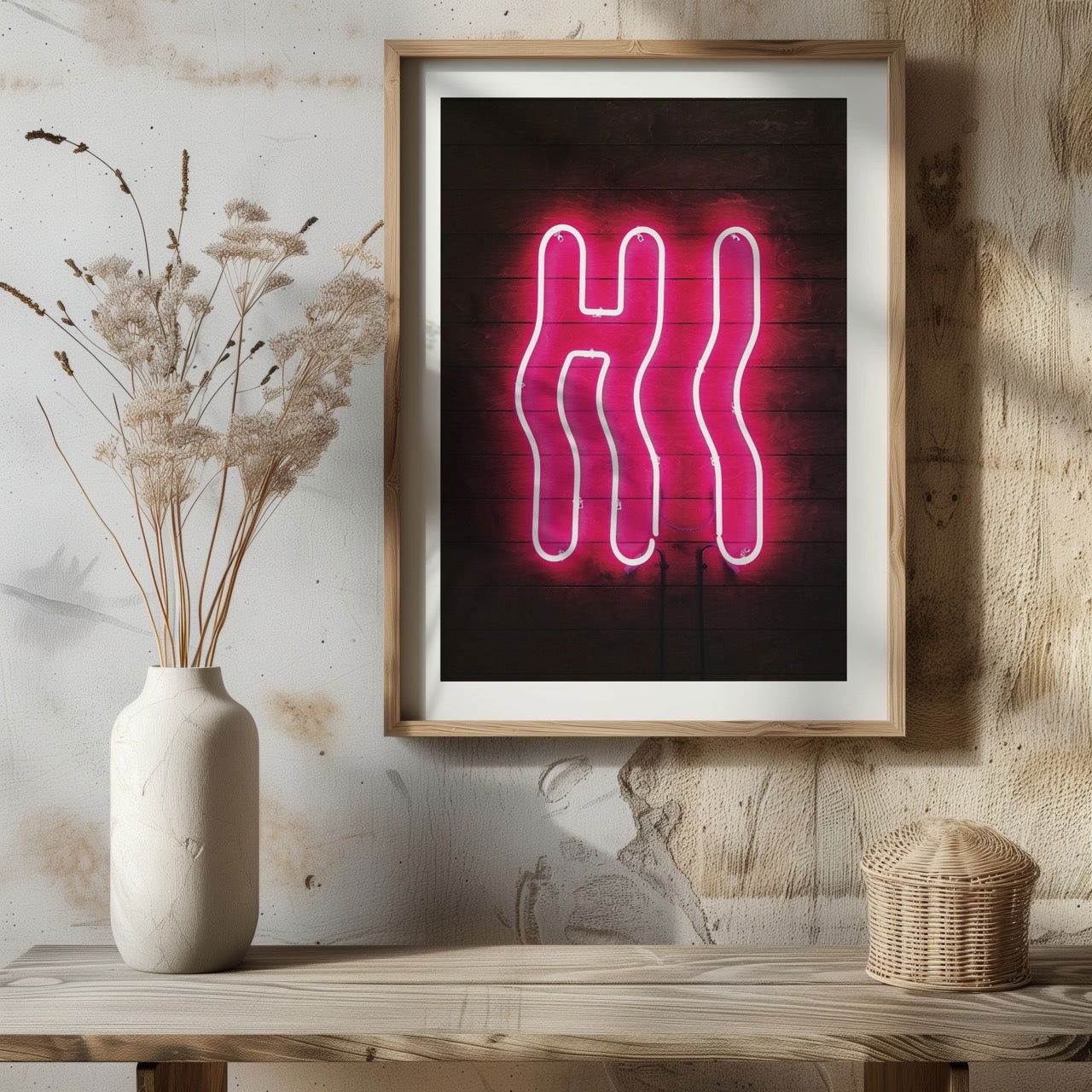 Hi Modern Neon Glow Sign Text - Rolled Poster Wall Art Print - House Prints