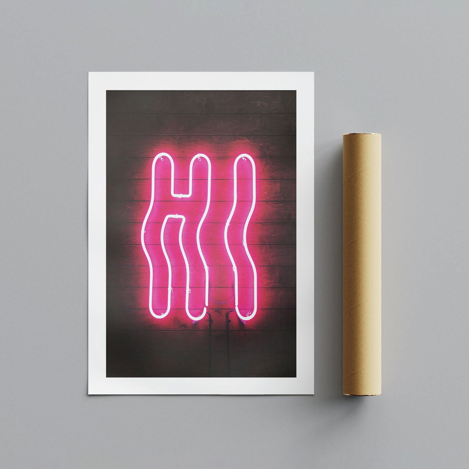 Hi Modern Neon Glow Sign Text - Rolled Poster Wall Art Print - House Prints