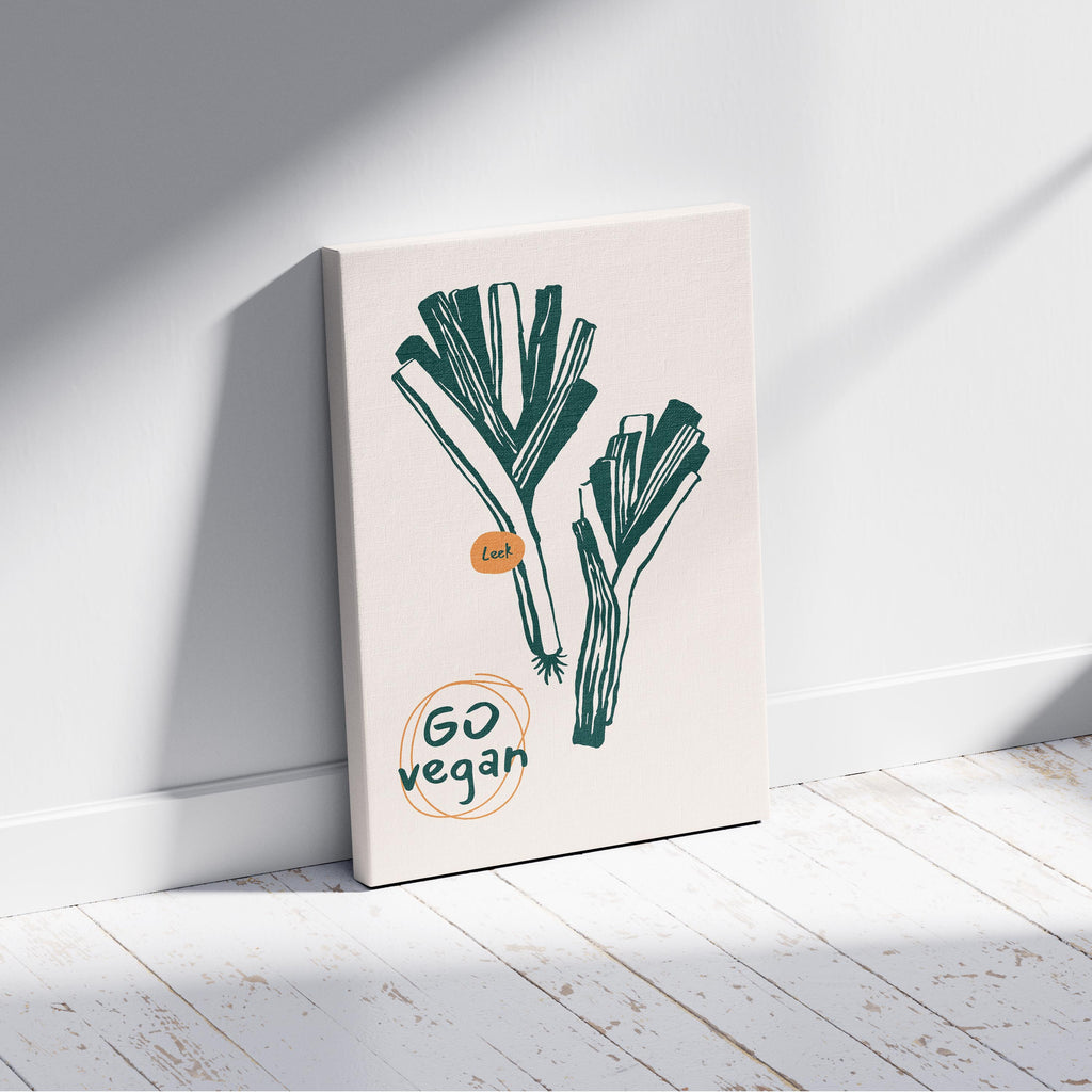 Go Vegan: Leek Vegetable Kitchen Inspiration - Framed Canvas Wall Art Print | House Prints