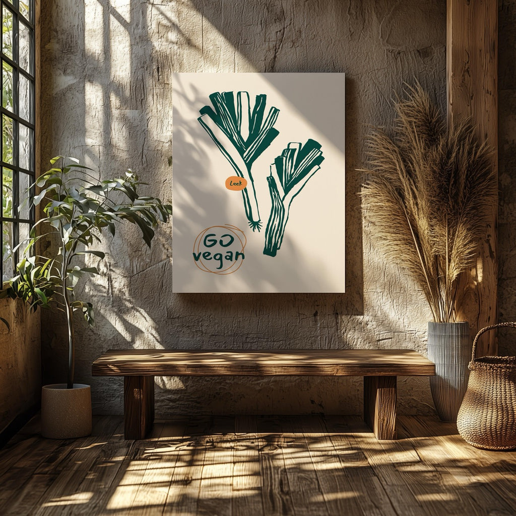 Go Vegan: Leek Vegetable Kitchen Inspiration - Framed Canvas Wall Art Print | House Prints
