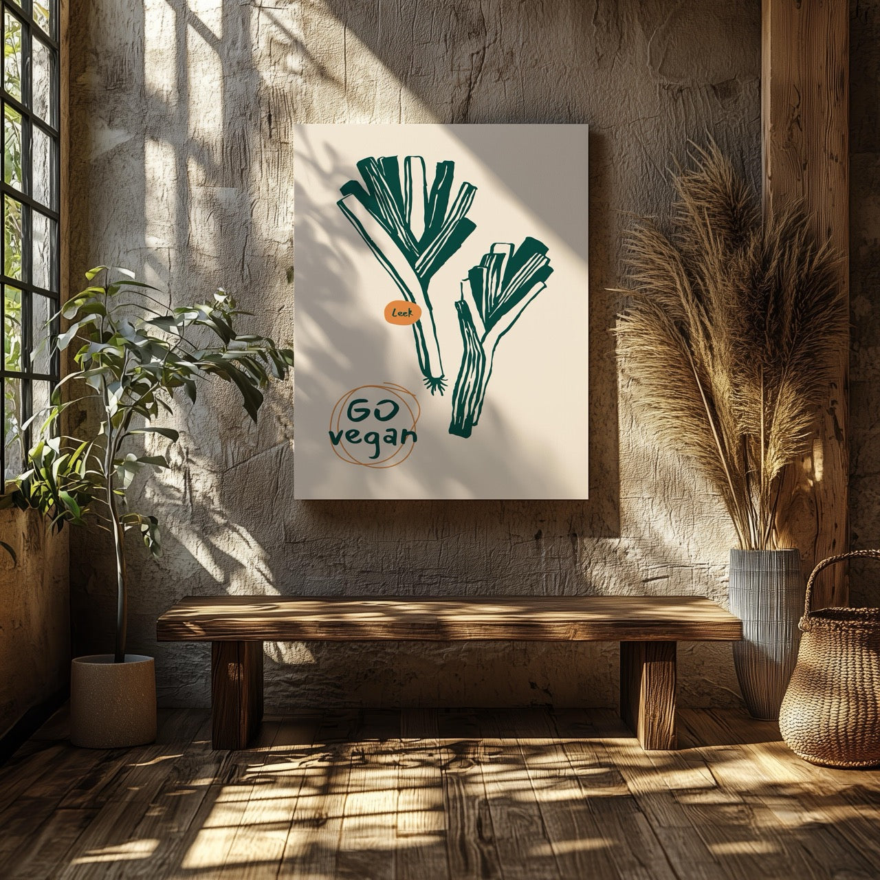 Go Vegan: Leek Vegetable Kitchen Inspiration - Framed Canvas Wall Art Print - House Prints