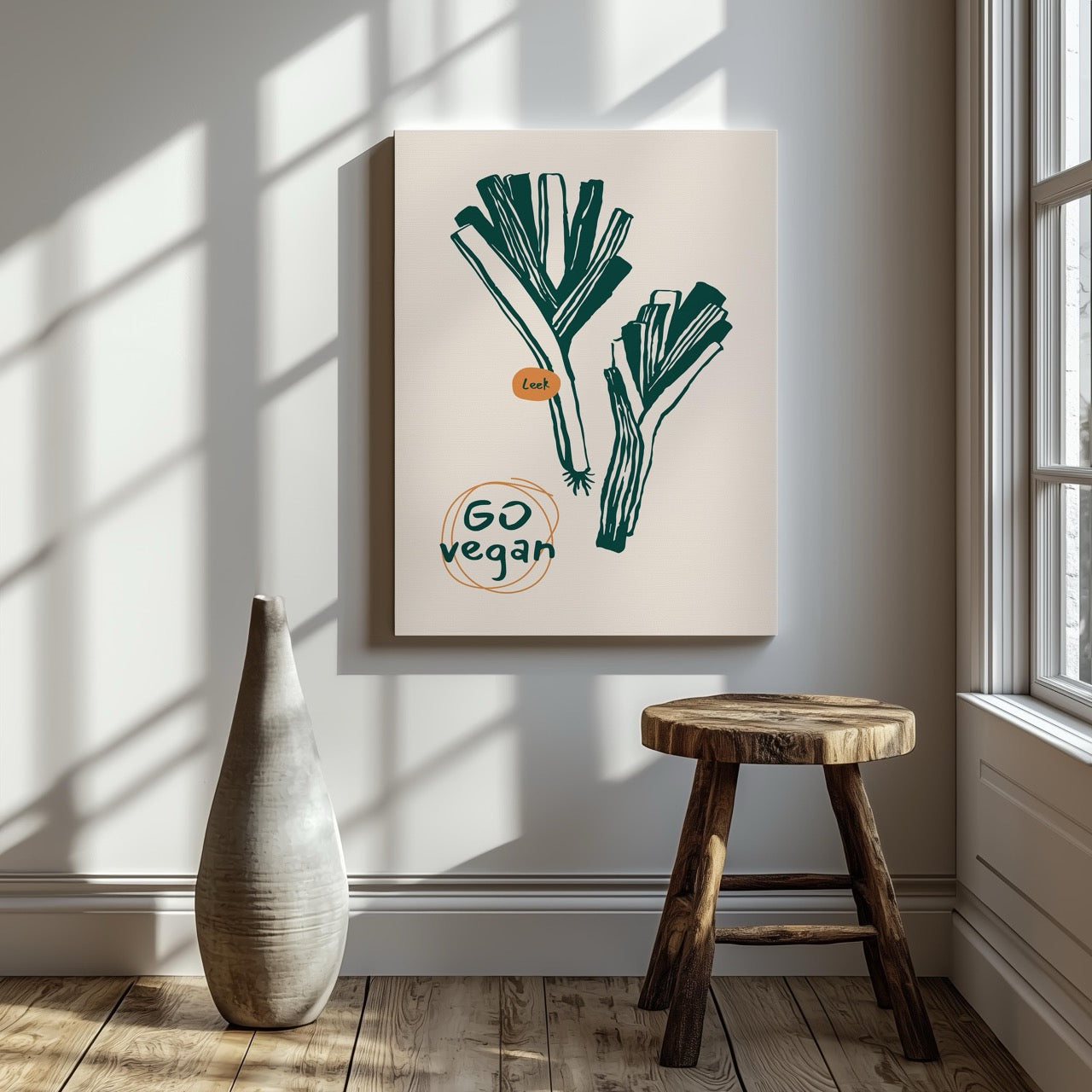 Go Vegan: Leek Vegetable Kitchen Inspiration - Framed Canvas Wall Art Print - House Prints