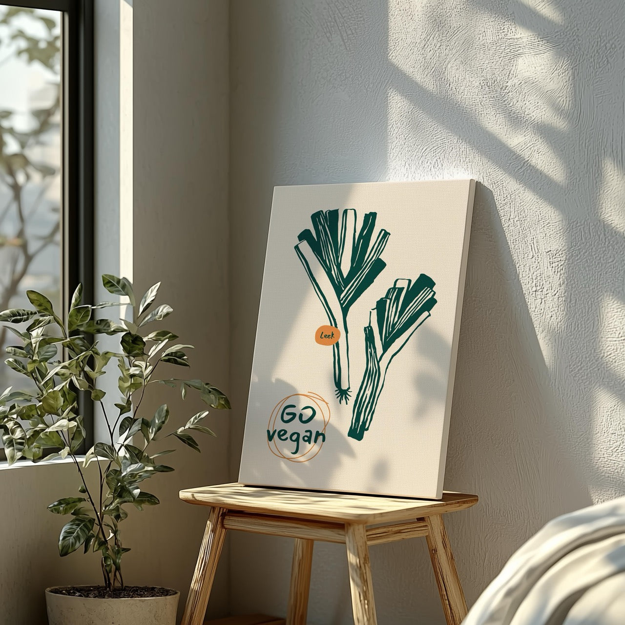 Go Vegan: Leek Vegetable Kitchen Inspiration - Framed Canvas Wall Art Print - House Prints