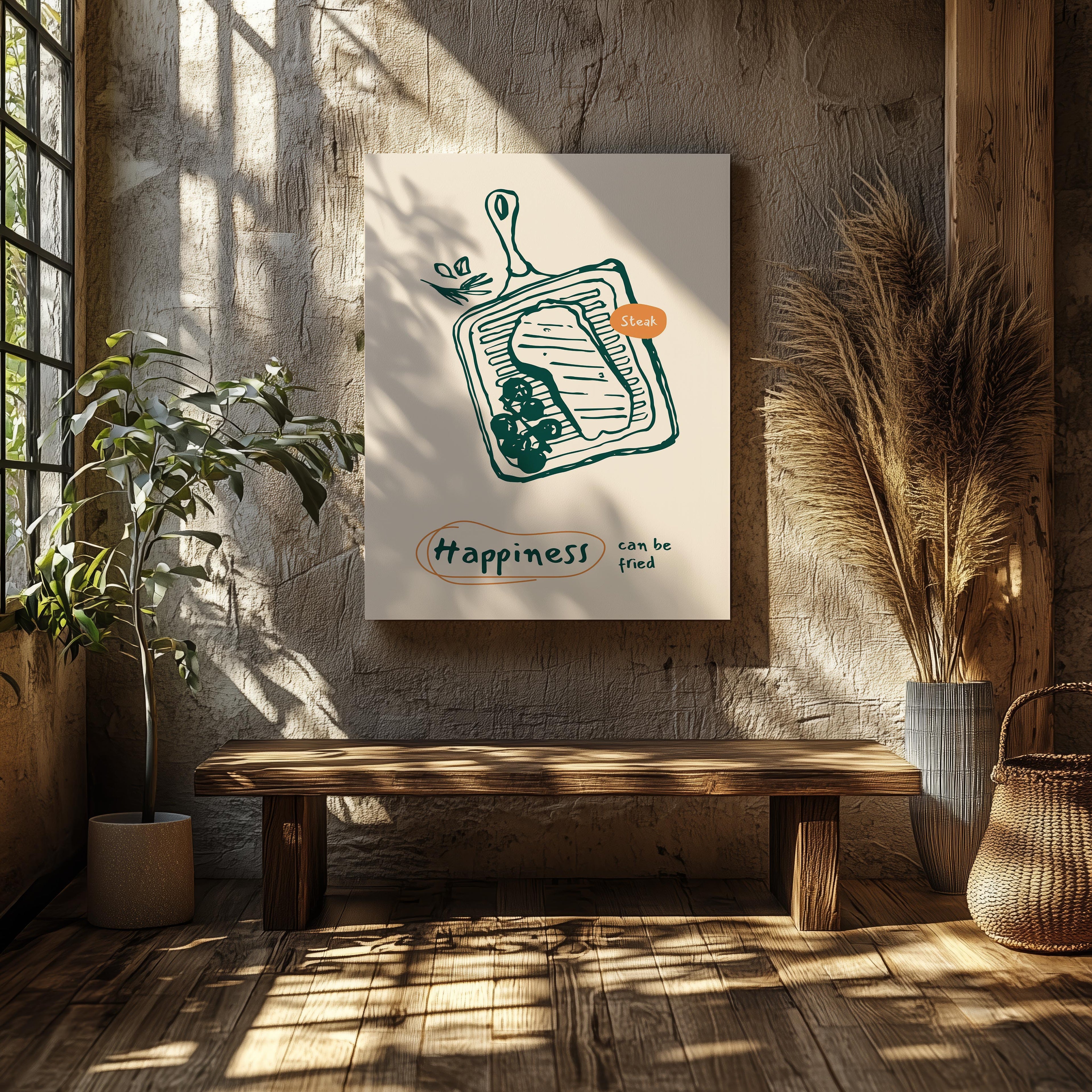 Happiness Can Be Fried Kitchen Cooking - Framed Canvas Wall Art Print | House Prints