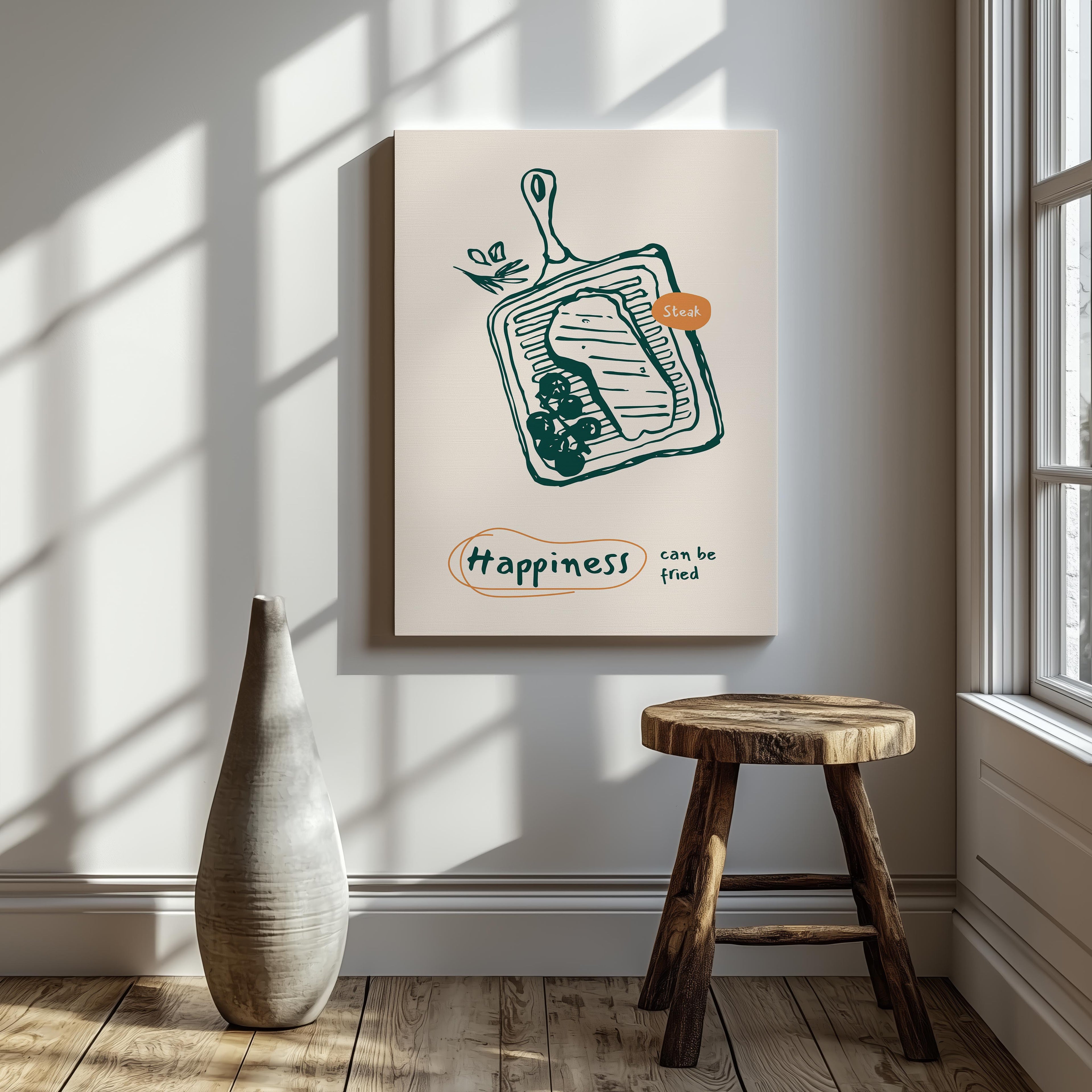 Happiness Can Be Fried Kitchen Cooking - Framed Canvas Wall Art Print | House Prints