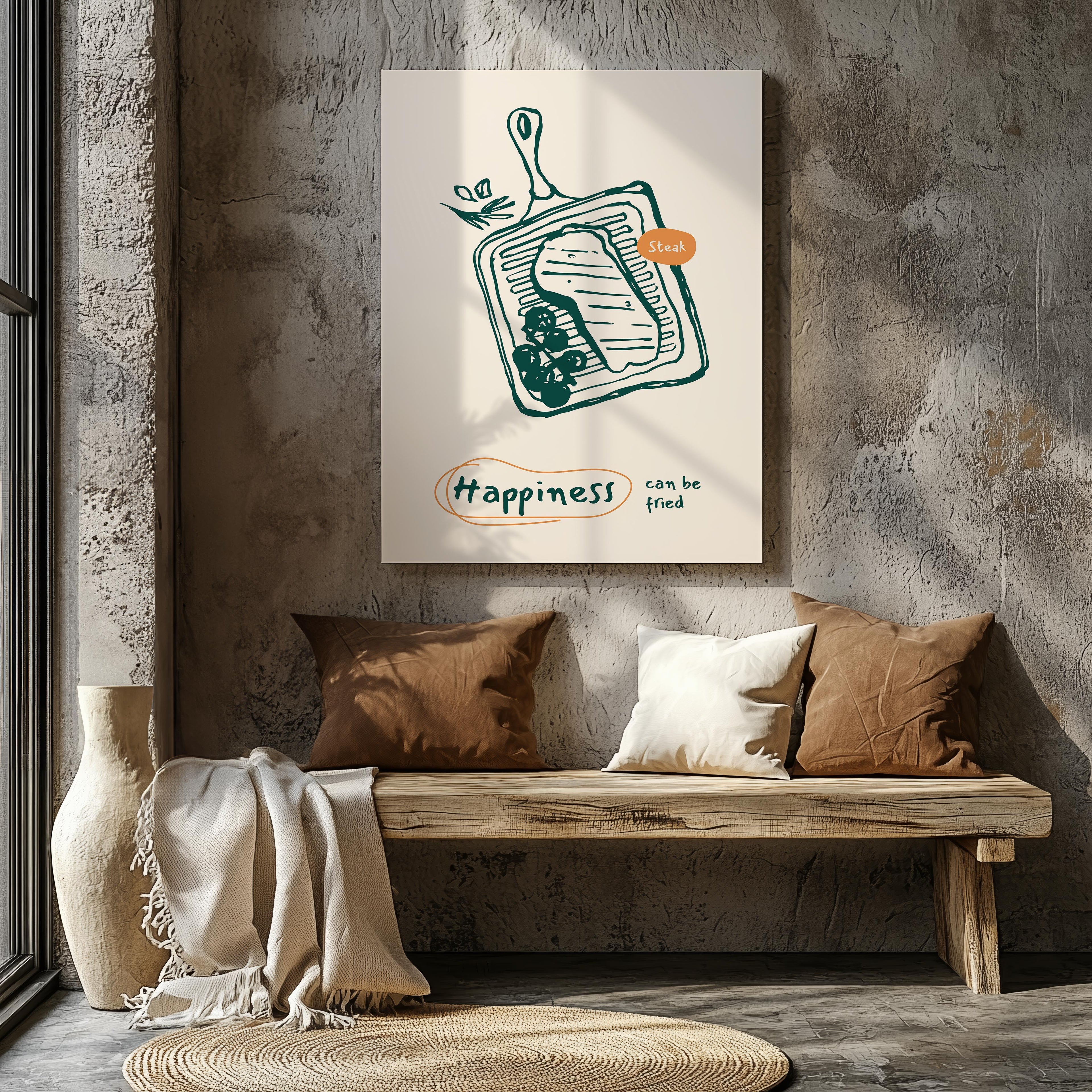 Happiness Can Be Fried Kitchen Cooking - Framed Canvas Wall Art Print | House Prints