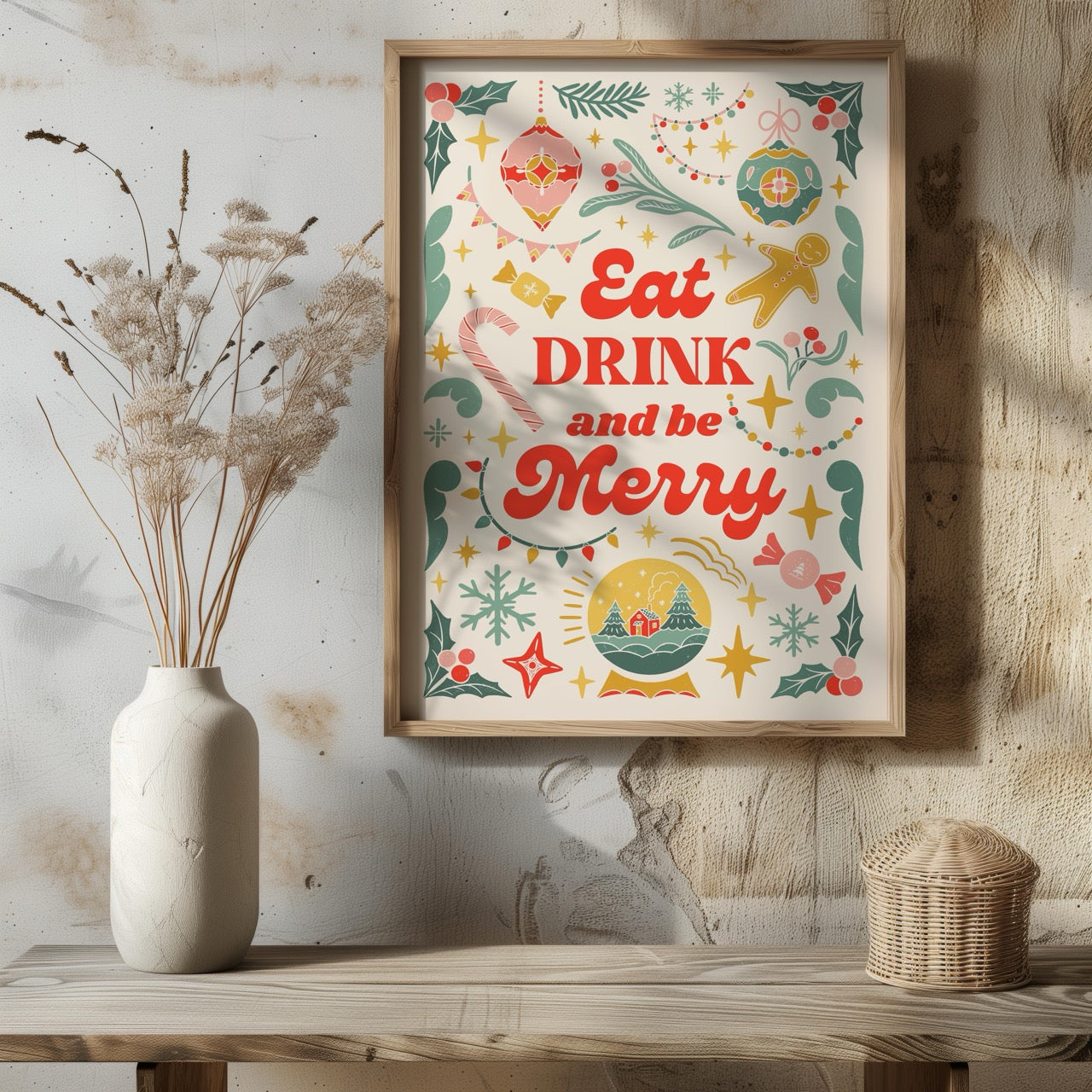 Festive Eat Drink & Be Merry Holiday - Rolled Poster Wall Art Print | House Prints