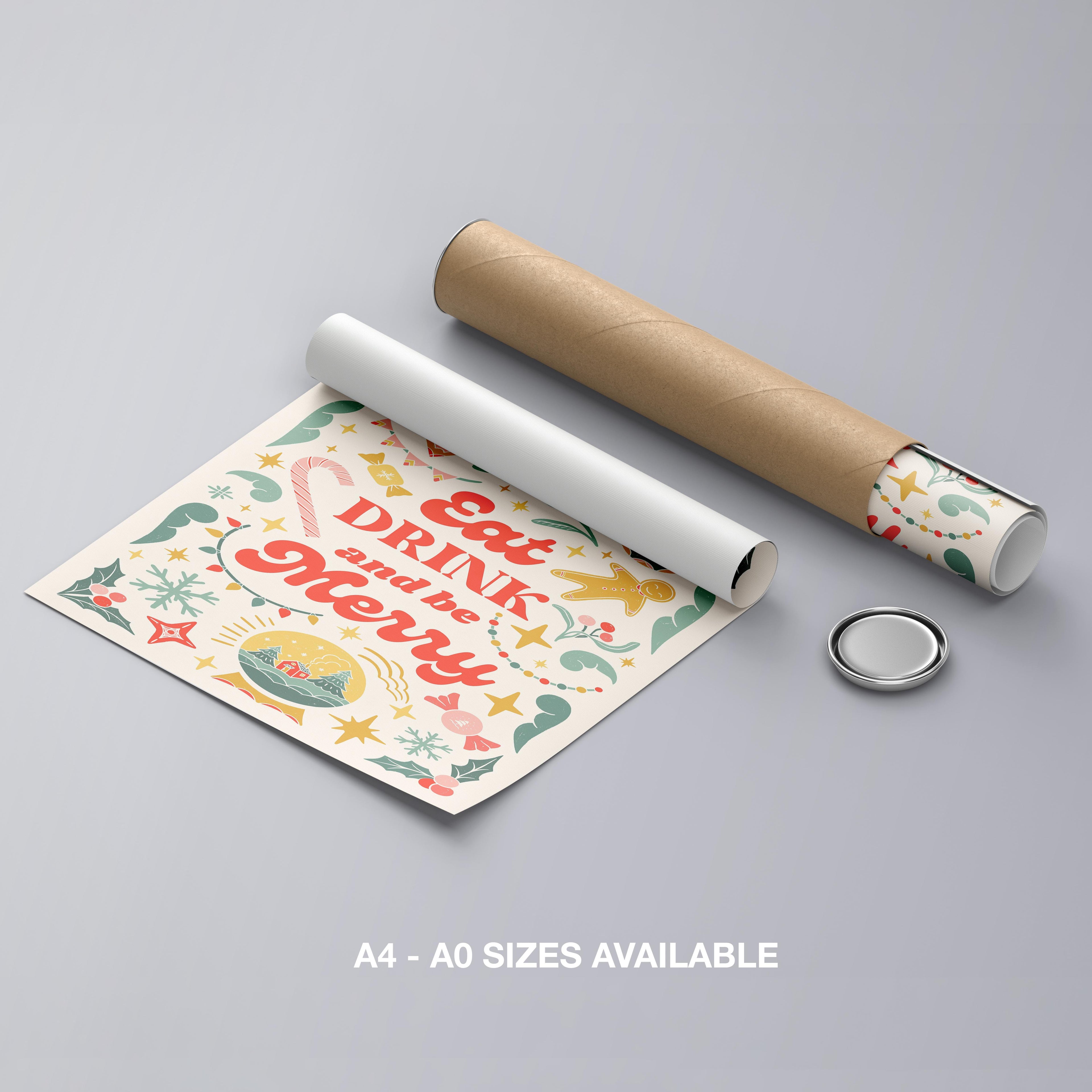 Festive Eat Drink & Be Merry Holiday - Rolled Poster Wall Art Print | House Prints