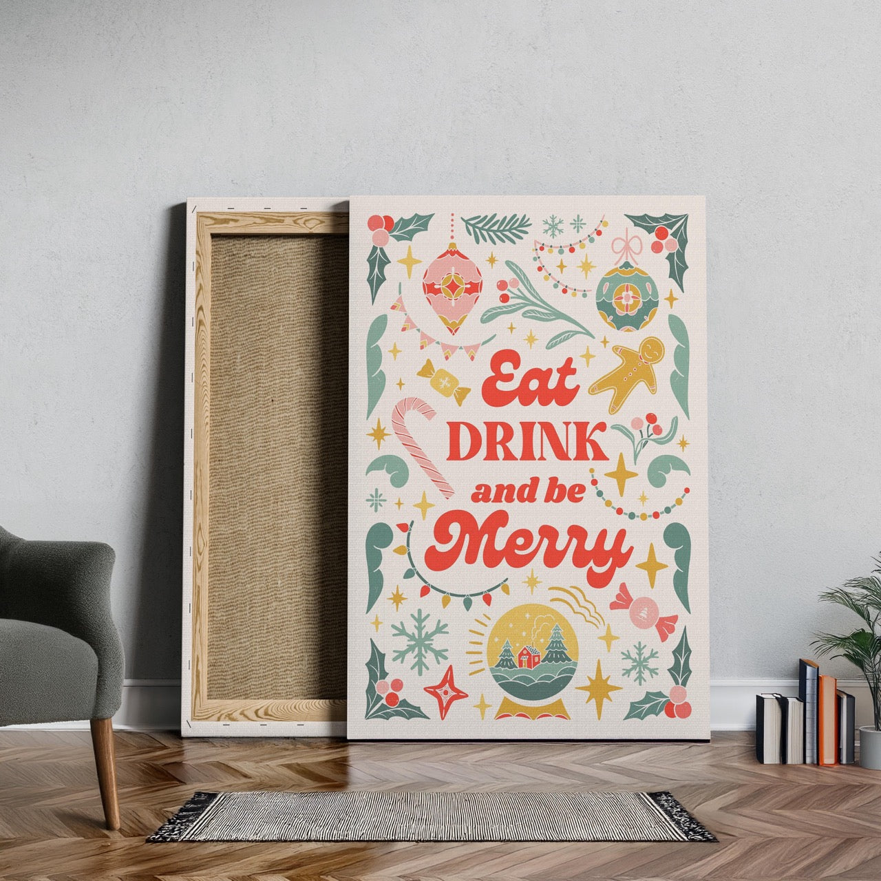 Festive Eat Drink & Be Merry Holiday - Framed Canvas Wall Art Print - House Prints