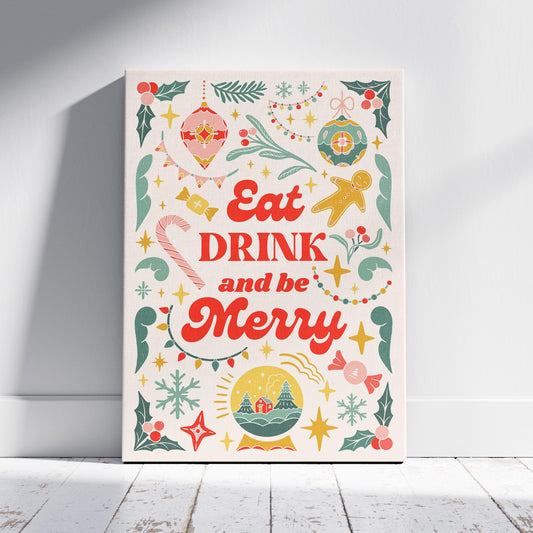Festive Eat Drink & Be Merry Holiday - Framed Canvas Wall Art Print - House Prints