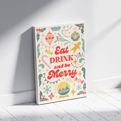 Festive Eat Drink & Be Merry Holiday - Framed Canvas Wall Art Print - House Prints