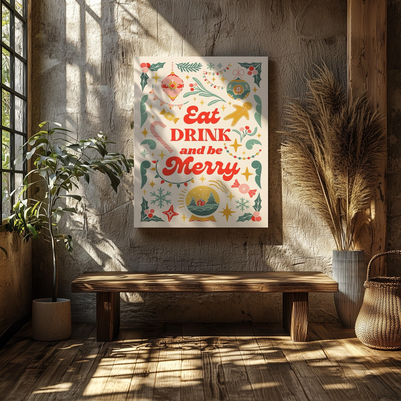 Festive Eat Drink & Be Merry Holiday - Framed Canvas Wall Art Print - House Prints
