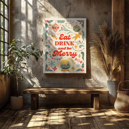 Festive Eat Drink & Be Merry Holiday - Framed Canvas Wall Art Print - House Prints