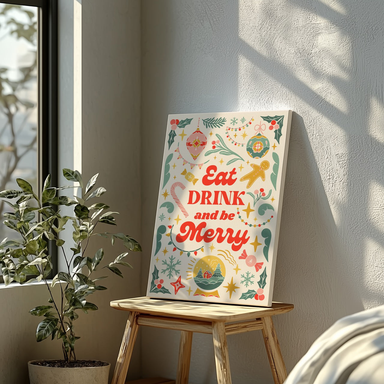 Festive Eat Drink & Be Merry Holiday - Framed Canvas Wall Art Print - House Prints