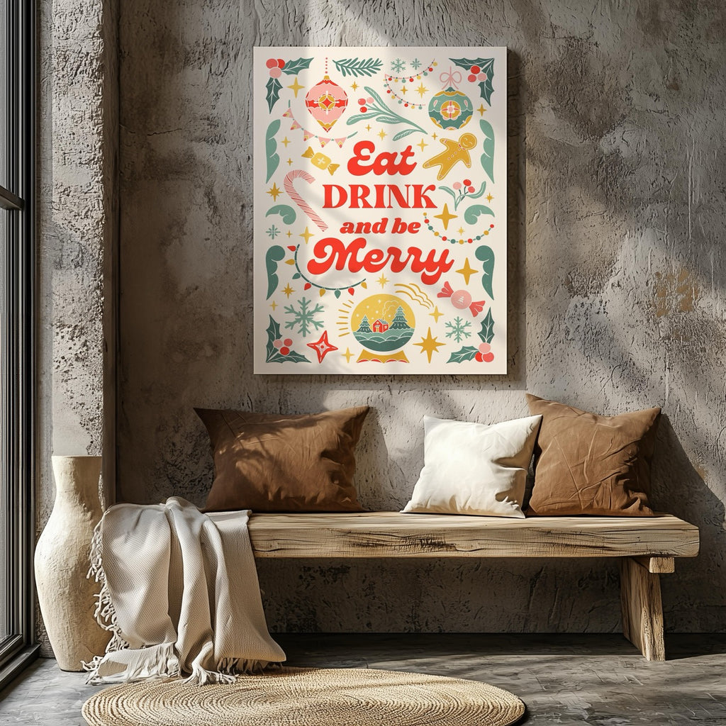 Festive Eat Drink & Be Merry Holiday - Framed Canvas Wall Art Print | House Prints