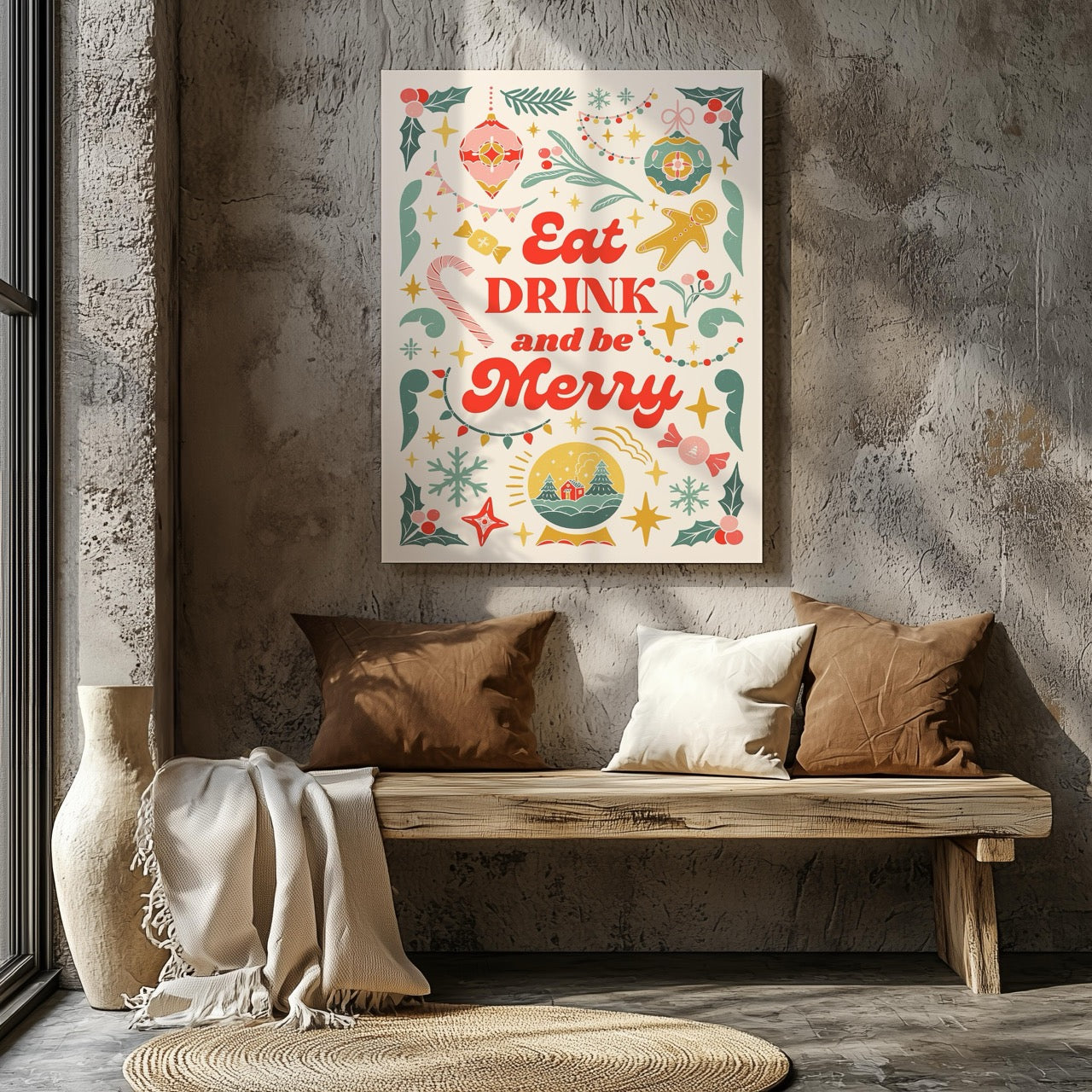 Festive Eat Drink & Be Merry Holiday - Framed Canvas Wall Art Print - House Prints