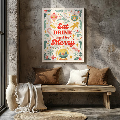 Festive Eat Drink & Be Merry Holiday - Framed Canvas Wall Art Print - House Prints