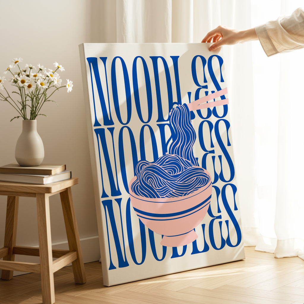 Modern Bold Blue Noodles Typography - Framed Canvas Wall Art Print | House Prints