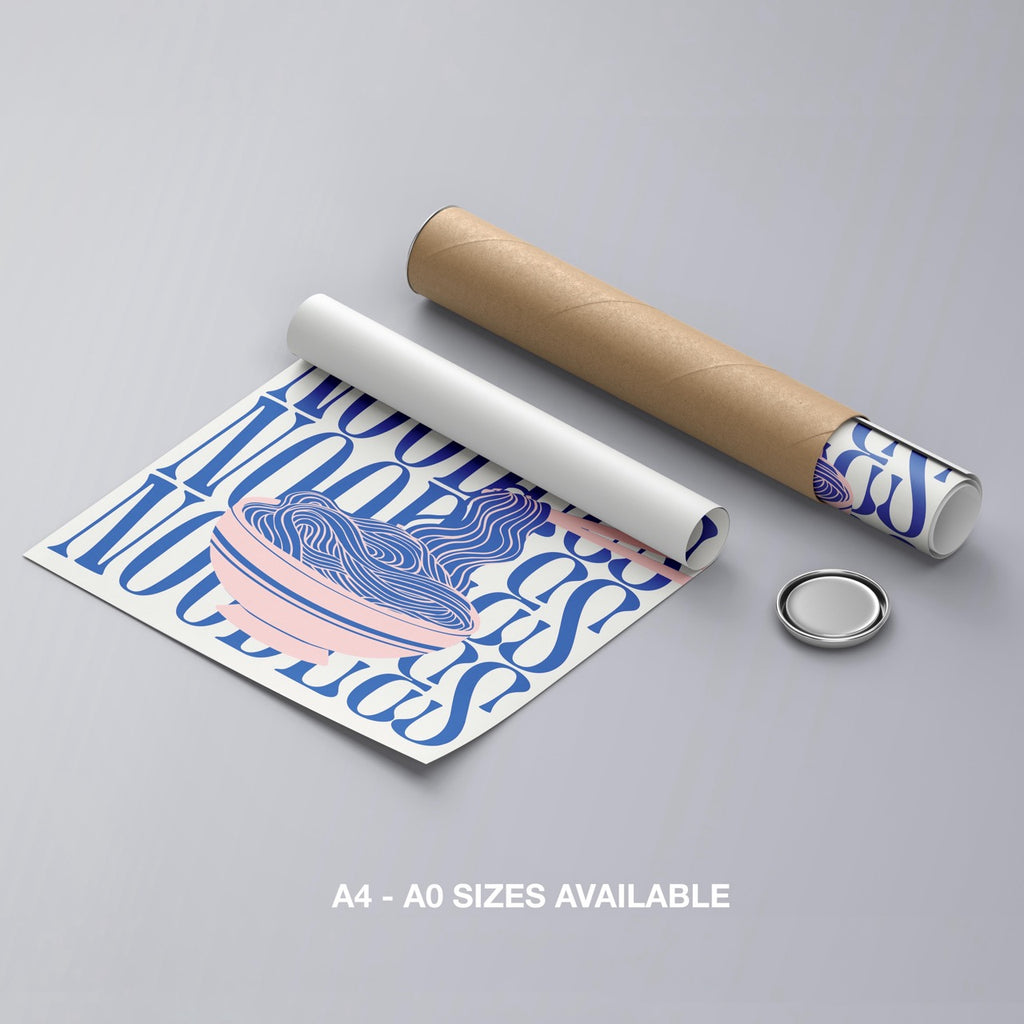 Modern Bold Blue Noodles Typography - Rolled Poster Wall Art Print | House Prints