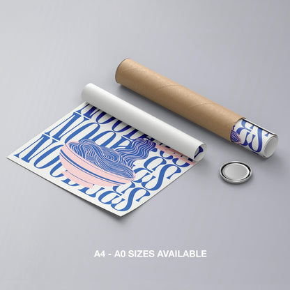 Modern Bold Blue Noodles Typography - Rolled Poster Wall Art Print - House Prints