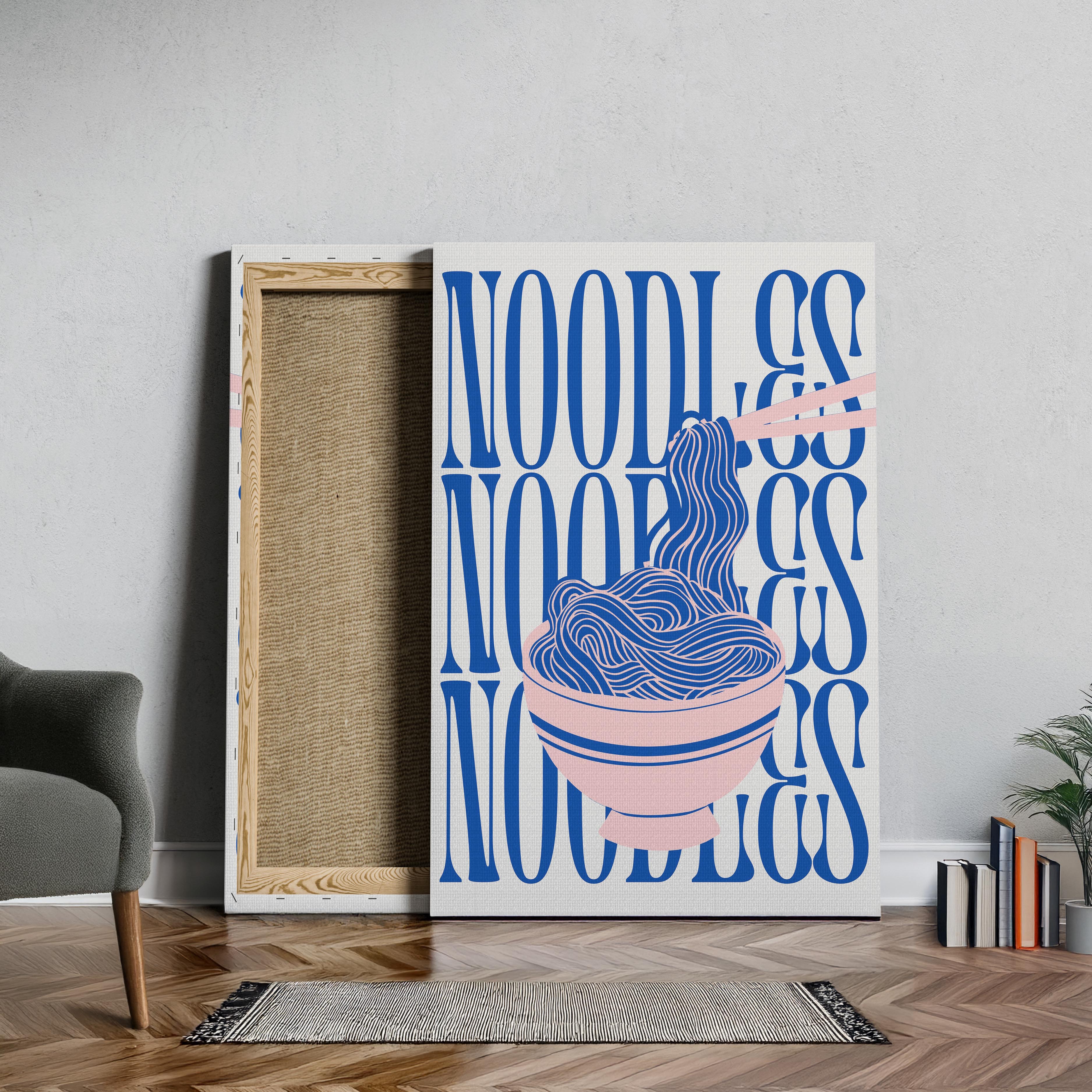 Modern Bold Blue Noodles Typography - Framed Canvas Wall Art Print | House Prints
