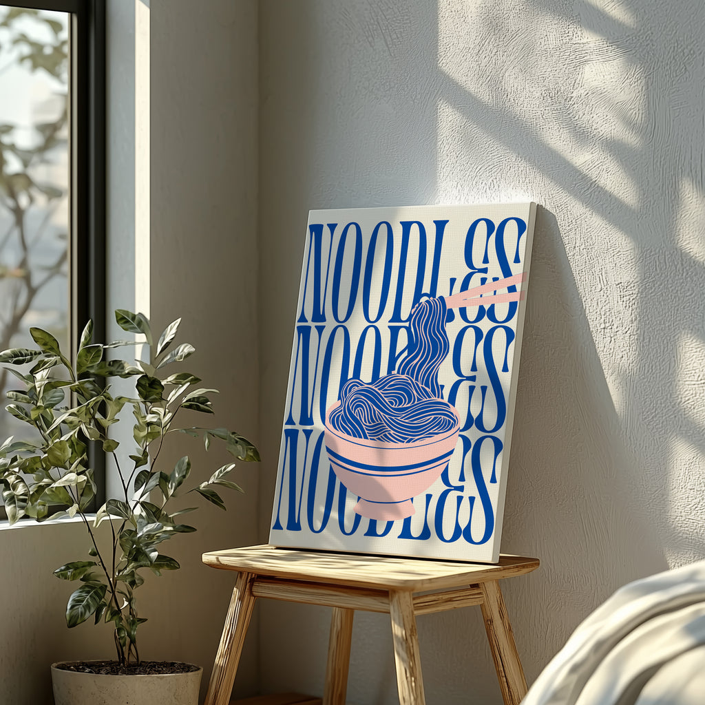 Modern Bold Blue Noodles Typography - Framed Canvas Wall Art Print | House Prints