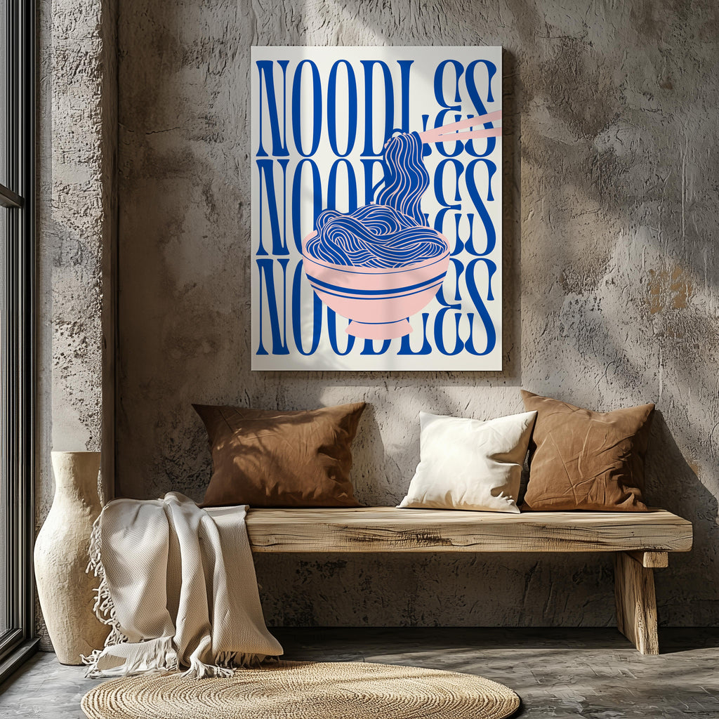 Modern Bold Blue Noodles Typography - Framed Canvas Wall Art Print | House Prints