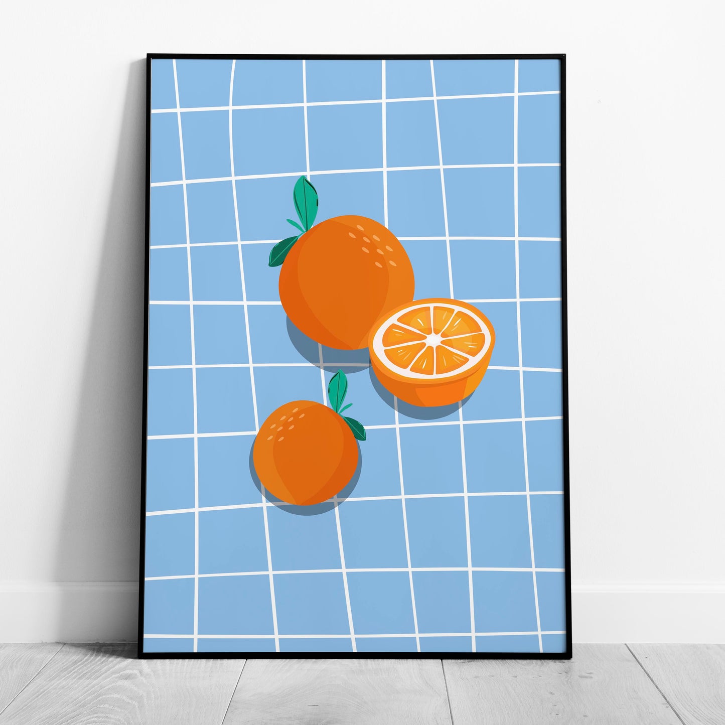 Bright Oranges on Blue Grid - Rolled Poster Wall Art Print - House Prints
