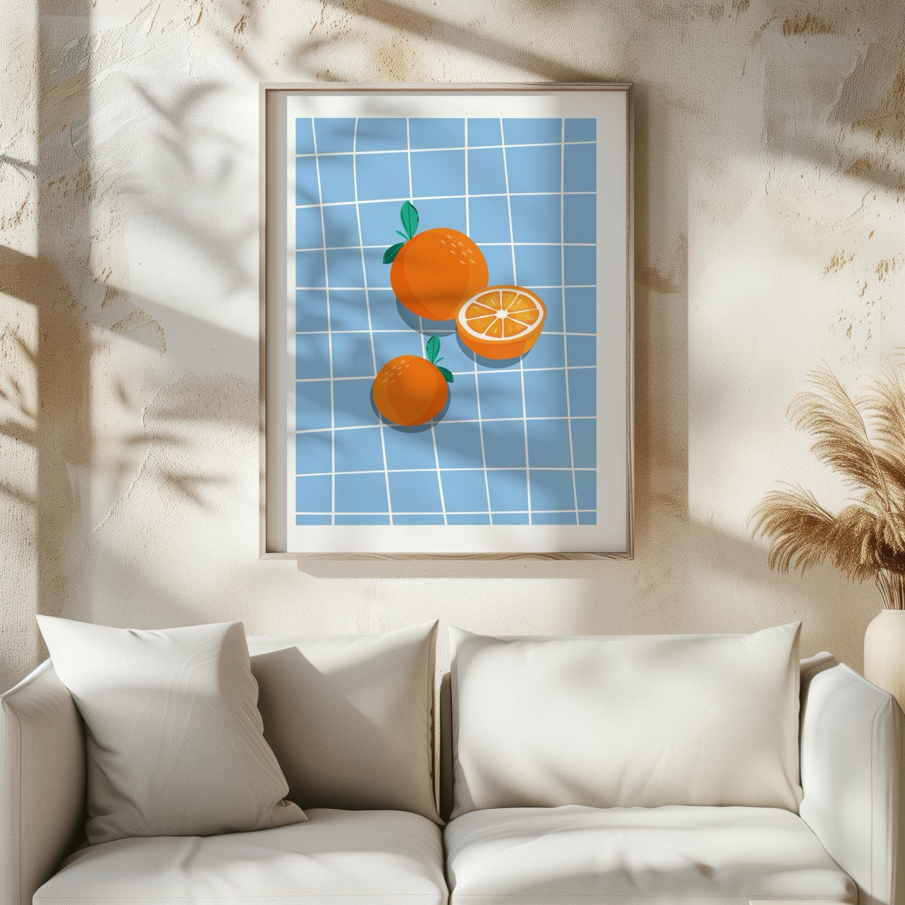 Bright Oranges on Blue Grid - Rolled Poster Wall Art Print - House Prints