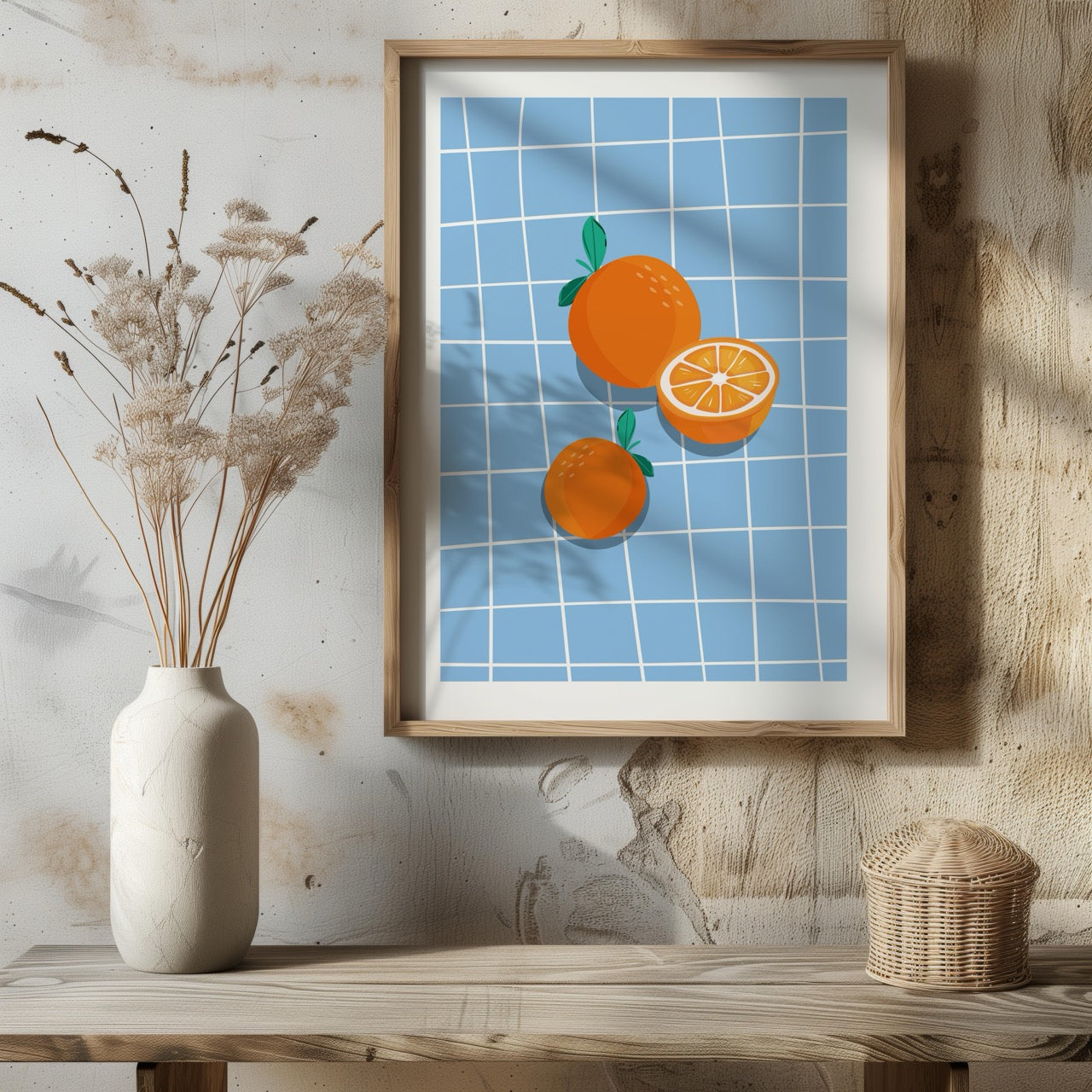 Bright Oranges on Blue Grid - Rolled Poster Wall Art Print - House Prints