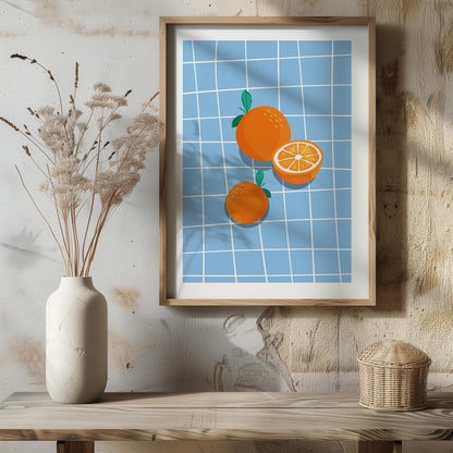 Bright Oranges on Blue Grid - Rolled Poster Wall Art Print - House Prints