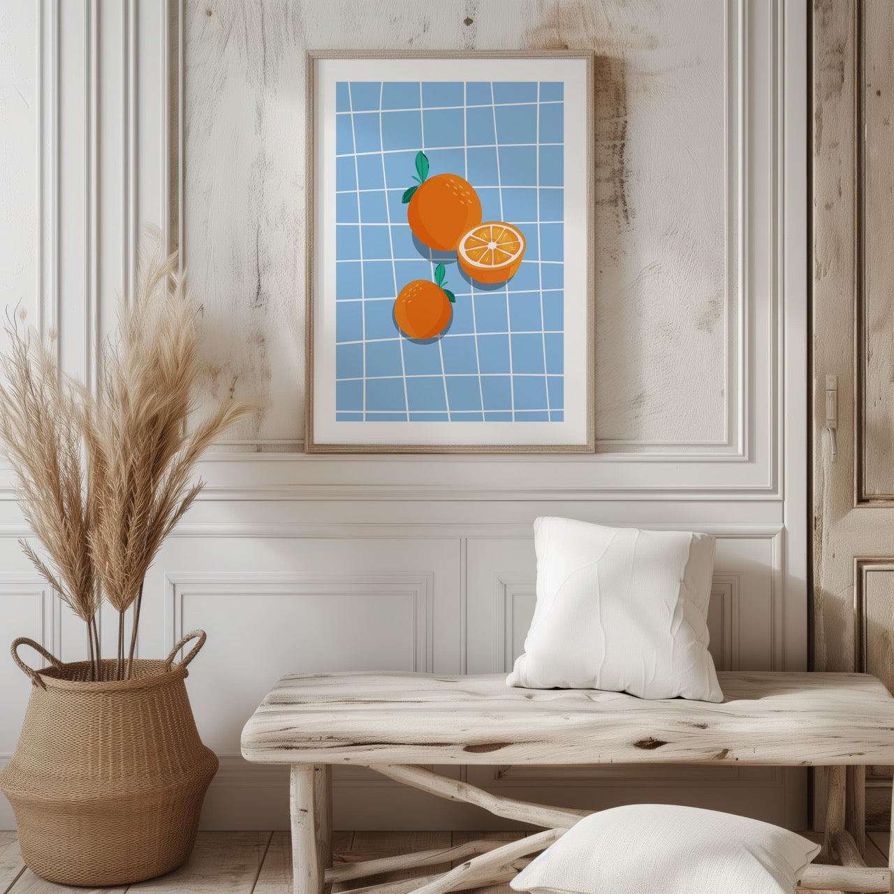 Bright Oranges on Blue Grid - Rolled Poster Wall Art Print - House Prints