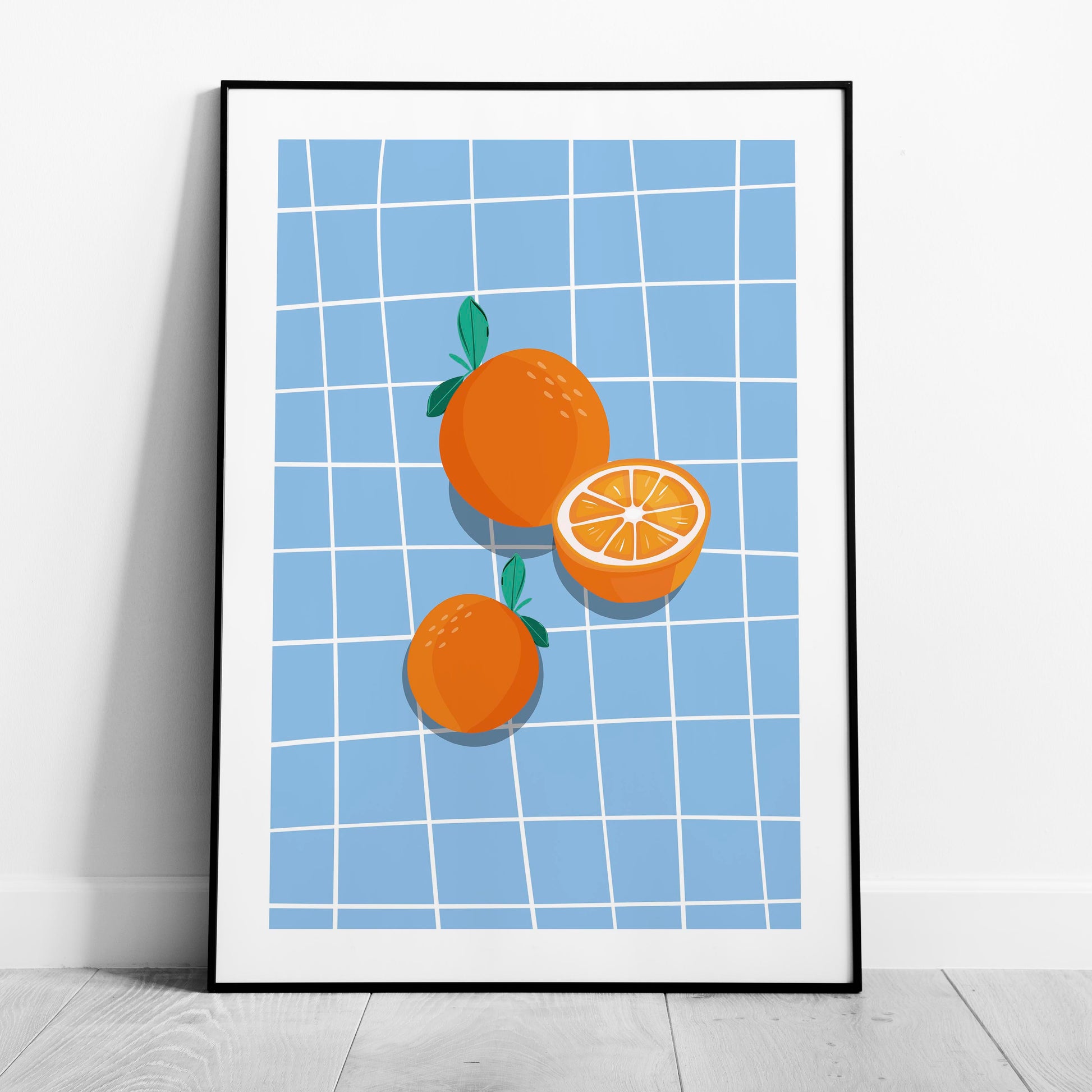 Bright Oranges on Blue Grid - Rolled Poster Wall Art Print - House Prints