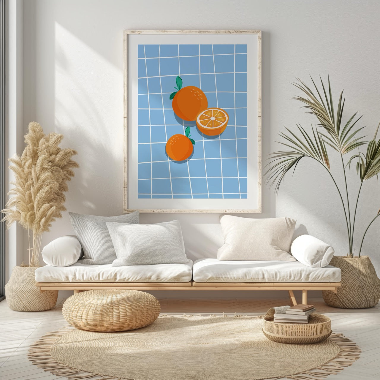 Bright Oranges on Blue Grid - Rolled Poster Wall Art Print - House Prints