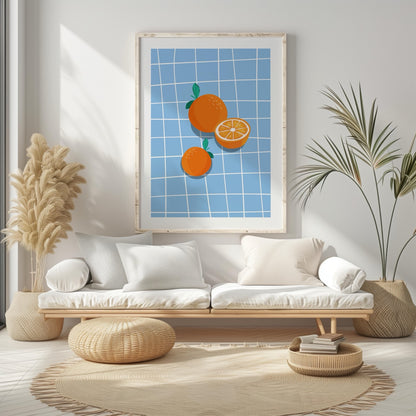 Bright Oranges on Blue Grid - Rolled Poster Wall Art Print - House Prints