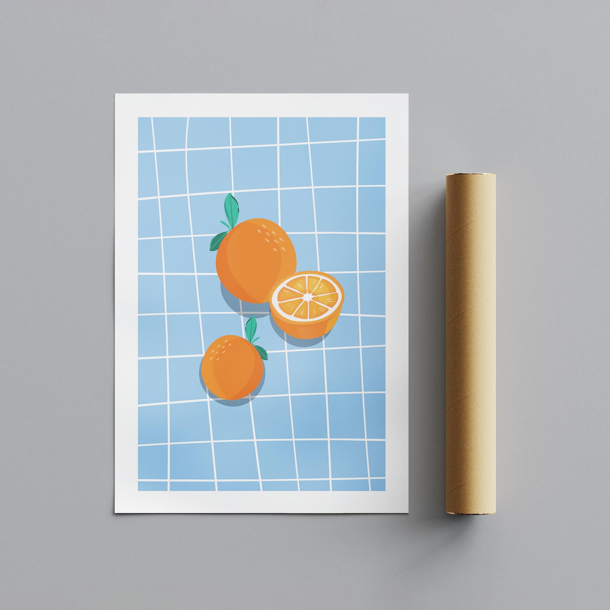 Bright Oranges on Blue Grid - Rolled Poster Wall Art Print - House Prints