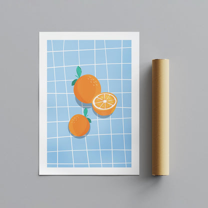 Bright Oranges on Blue Grid - Rolled Poster Wall Art Print - House Prints