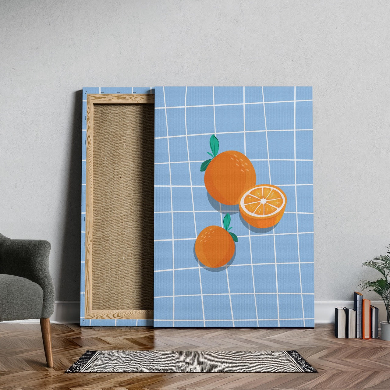 Bright Oranges on Blue Grid - Framed Canvas Wall Art Print | House Prints