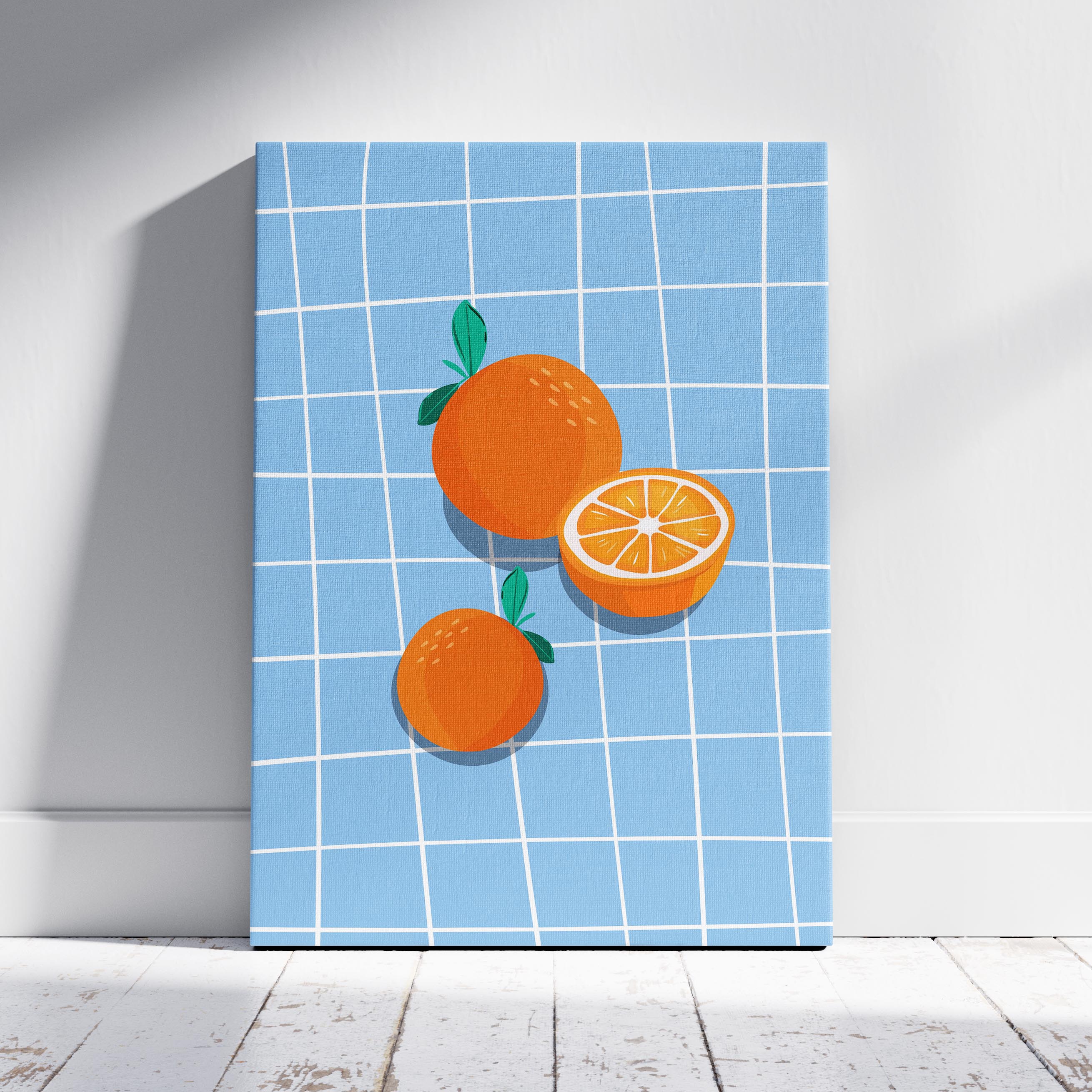 Bright Oranges on Blue Grid - Framed Canvas Wall Art Print | House Prints