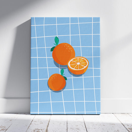 Bright Oranges on Blue Grid - Framed Canvas Wall Art Print - House Prints