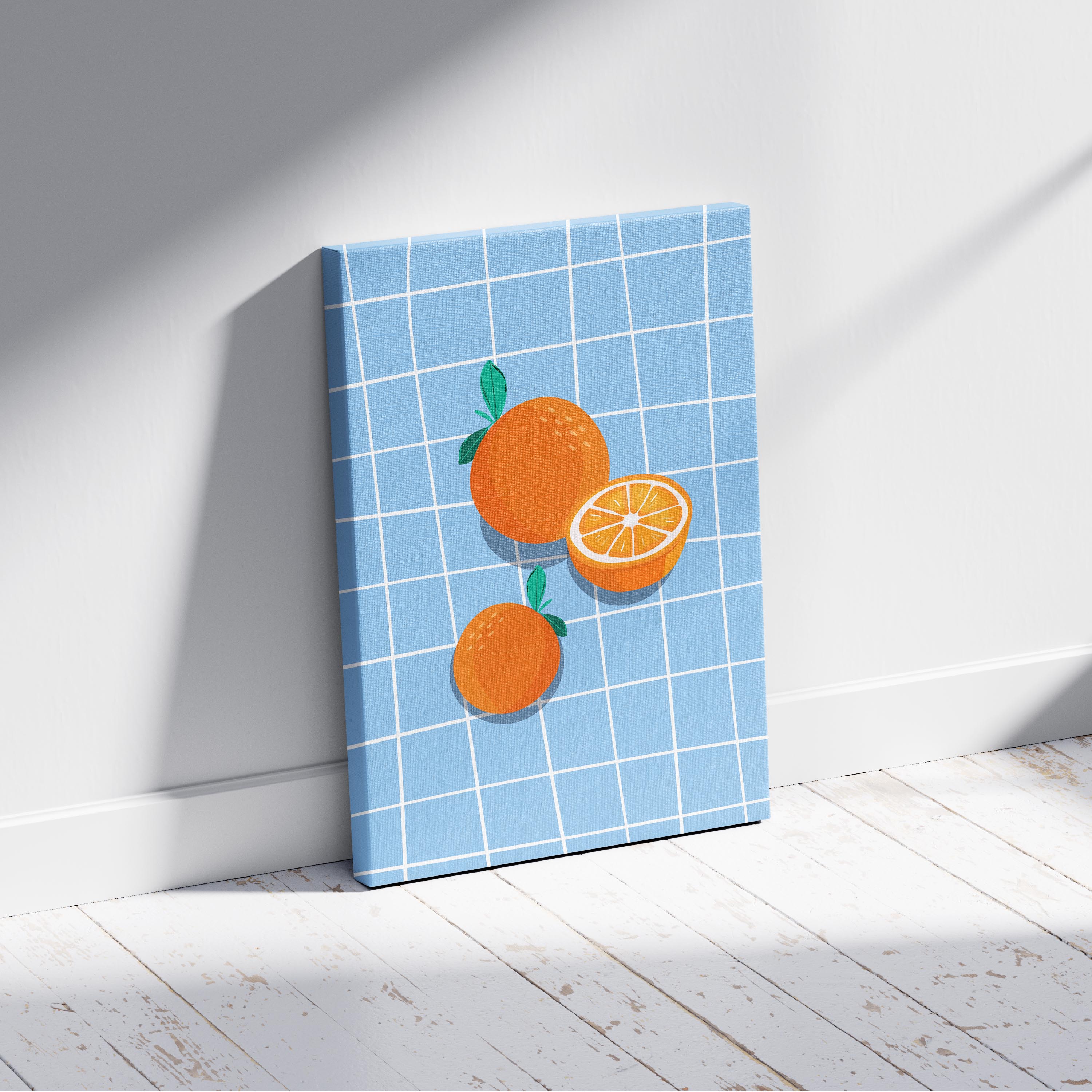 Bright Oranges on Blue Grid - Framed Canvas Wall Art Print | House Prints