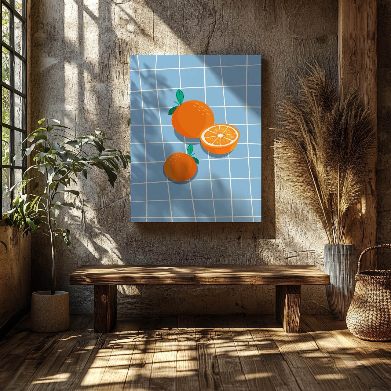 Bright Oranges on Blue Grid - Framed Canvas Wall Art Print | House Prints