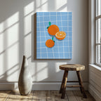 Bright Oranges on Blue Grid - Framed Canvas Wall Art Print | House Prints